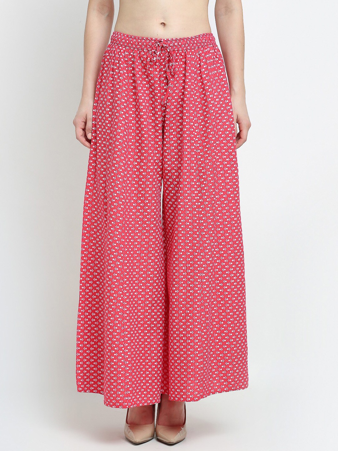 

GRACIT Women Pink & White Floral Printed Flared Knitted Palazzos
