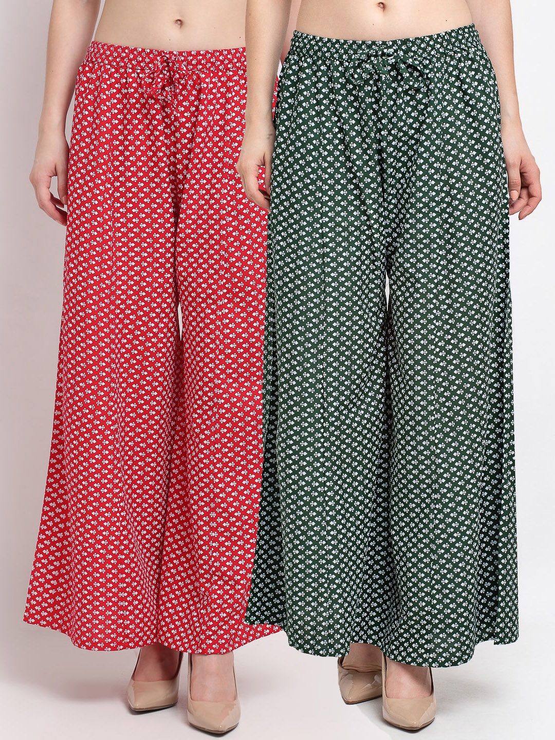 

GRACIT Women Pack Of 2 Red & Green Floral Printed Flared Knitted Palazzos