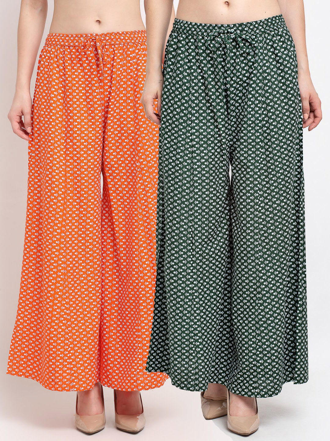 

GRACIT Women Orange & Green 2 Printed Flared Knitted Ethnic Palazzos