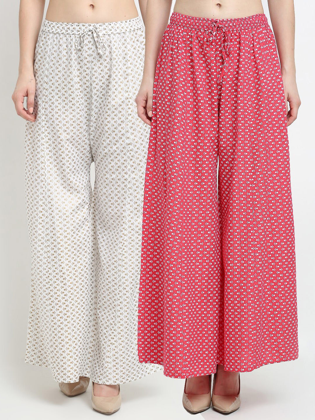 

GRACIT Women Pack Of 2 White & Pink Printed Flared Knitted Ethnic Palazzos