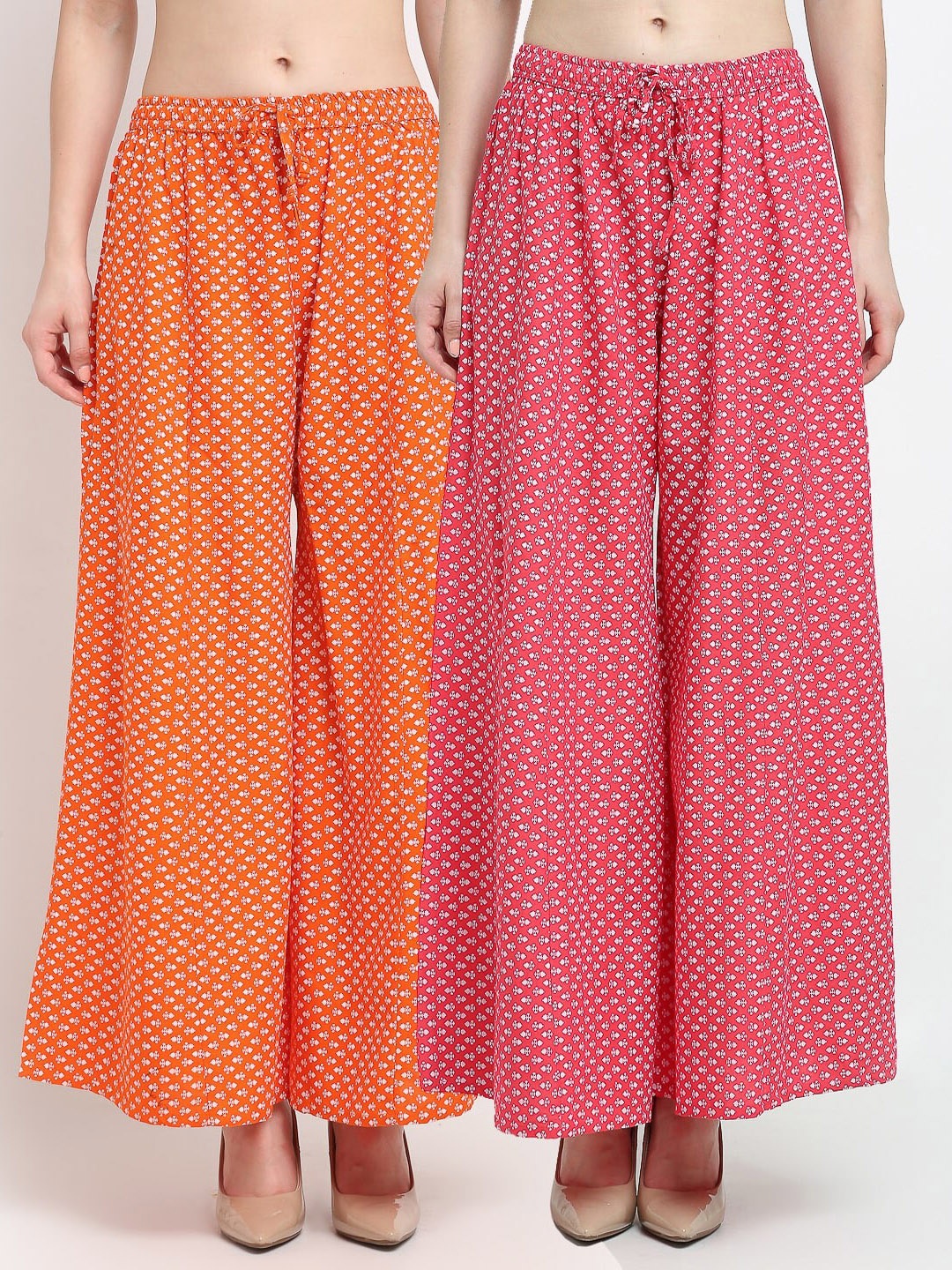 

GRACIT Women Set of 2 Orange & Pink Ethnic Motifs Printed Flared Knitted Palazzos