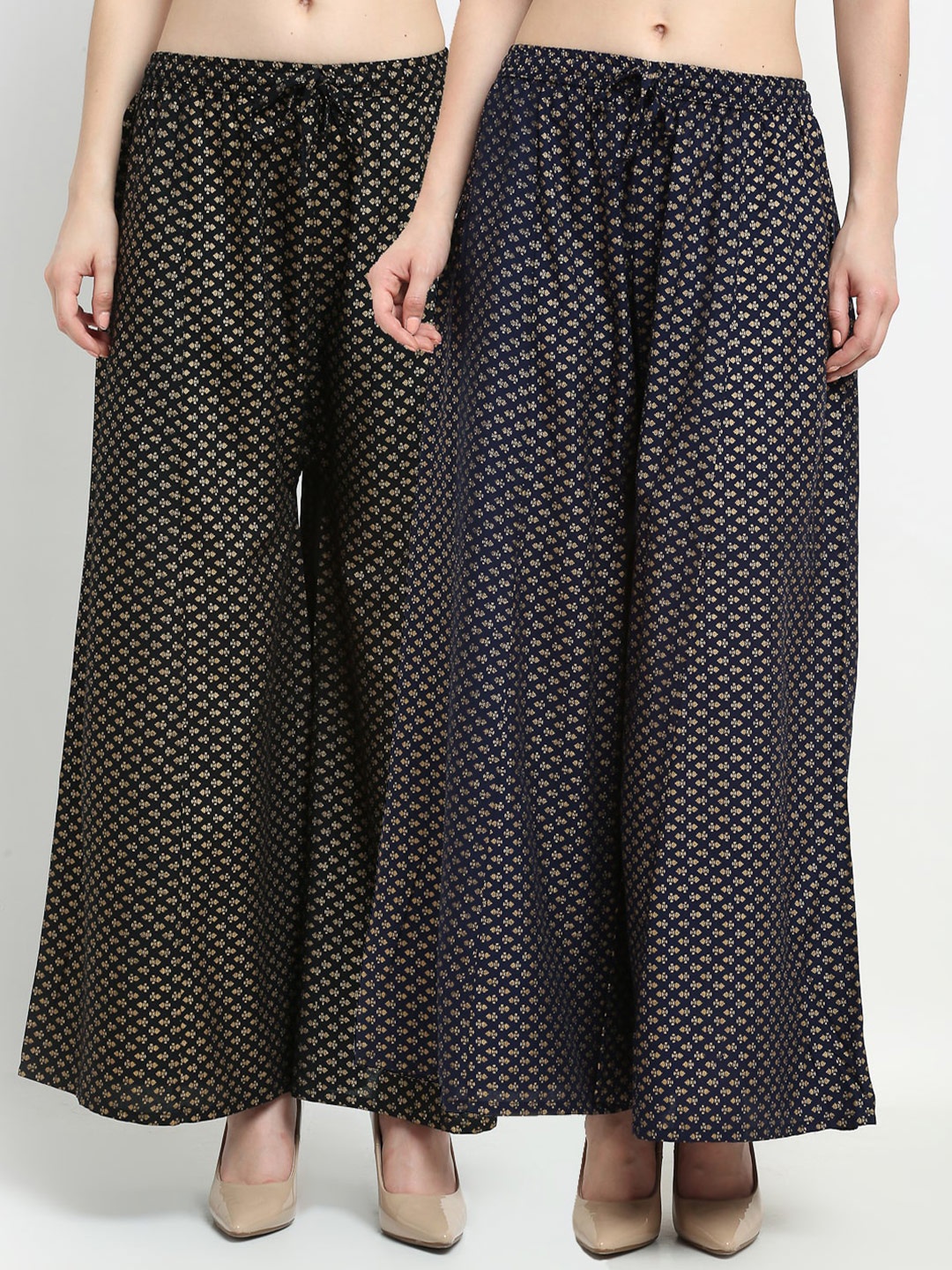 

GRACIT Women Black & Navy Blue 2 Ethnic Motifs Printed Flared Knitted Ethnic Palazzos