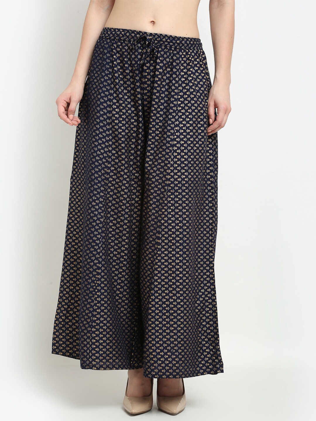 

GRACIT Women Navy Blue & Gold-Toned Printed Flared Knitted Palazzos