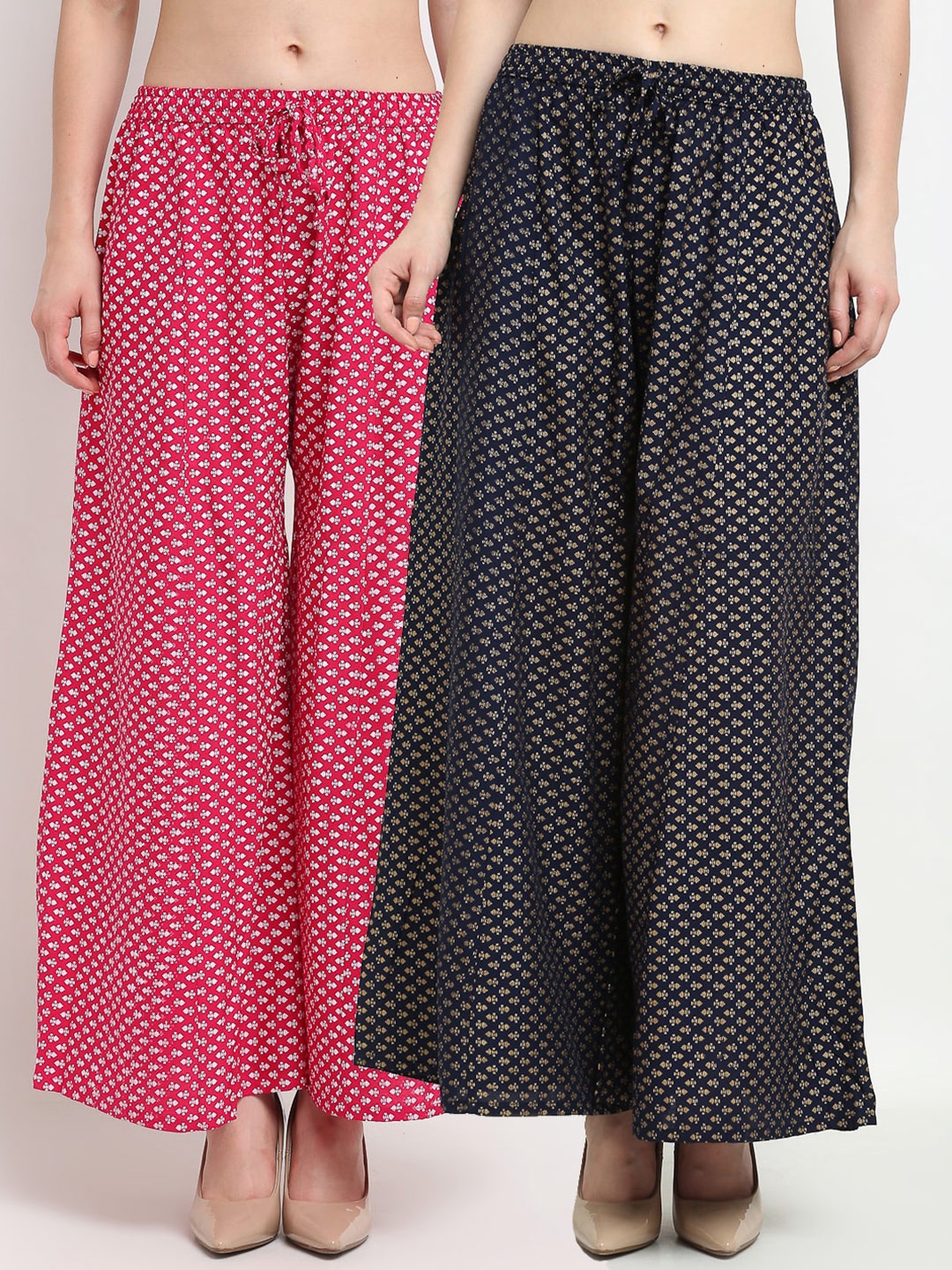 

GRACIT Women Pink & Black Pack of 2 Ethnic Motifs Printed Flared Knitted Ethnic Palazzos