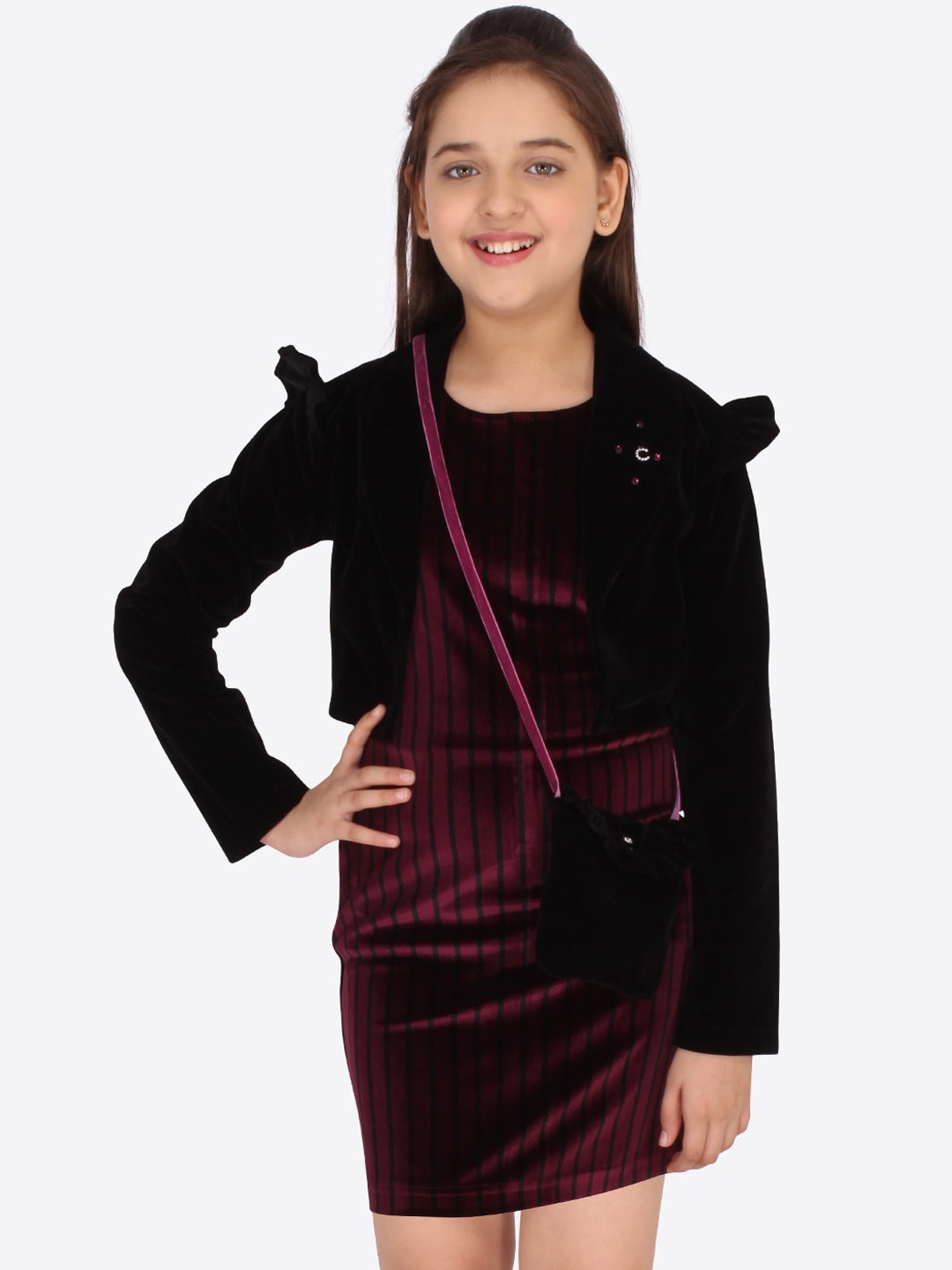 

CUTECUMBER Maroon Striped Velvet Sheath Dress With Open Front Shrug & Matching Sling Bag