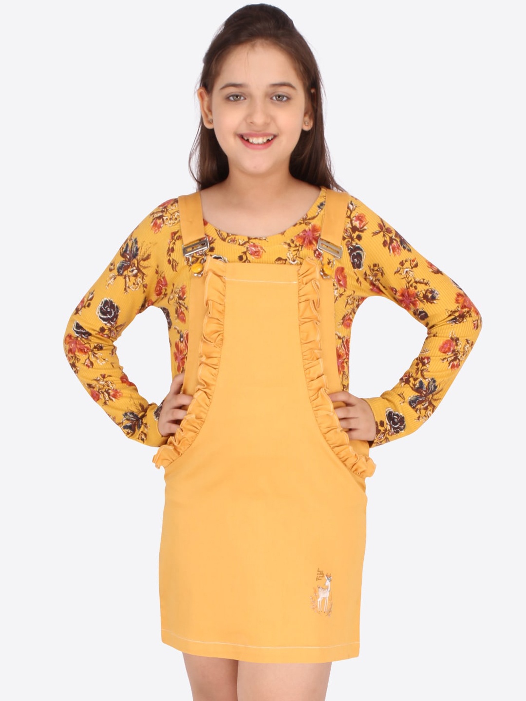 

CUTECUMBER Mustard Yellow Floral Denim Pinafore Dress with T Shirt