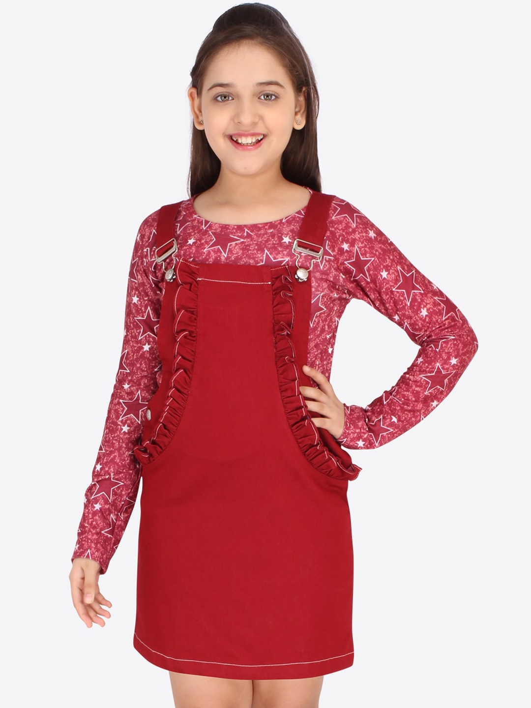

CUTECUMBER Red Denim Pinafore Dress with Full Sleeve Top