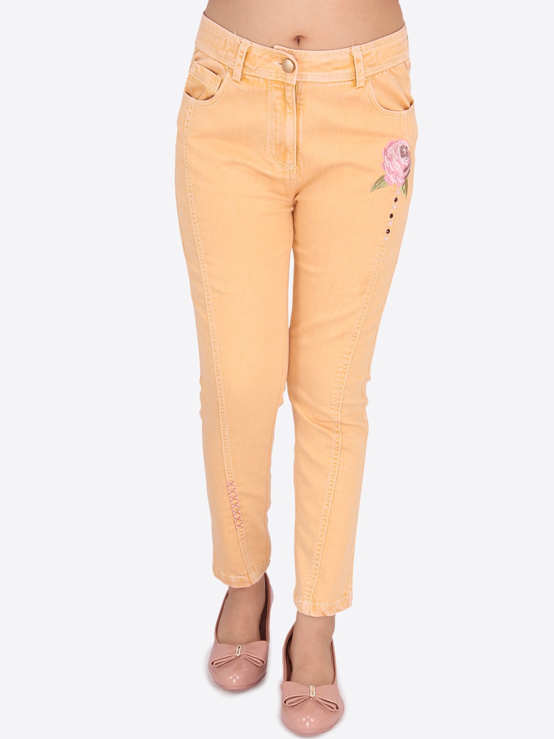 

CUTECUMBER Girls Orange & Pink Embroidered Stretchable Denim Jeans