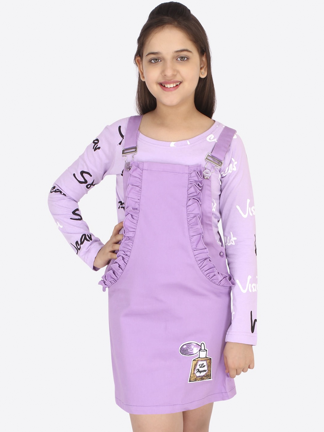 

CUTECUMBER Purple Denim Pinafore Dress With T-Shirt