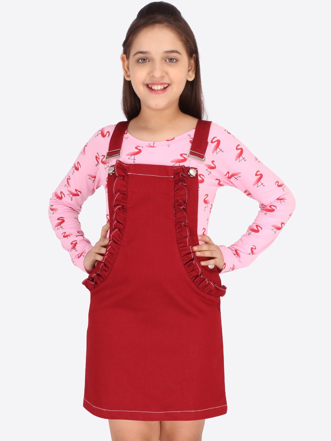 

CUTECUMBER Girls Pink & Red Denim Pinafore Dress with T-shirt