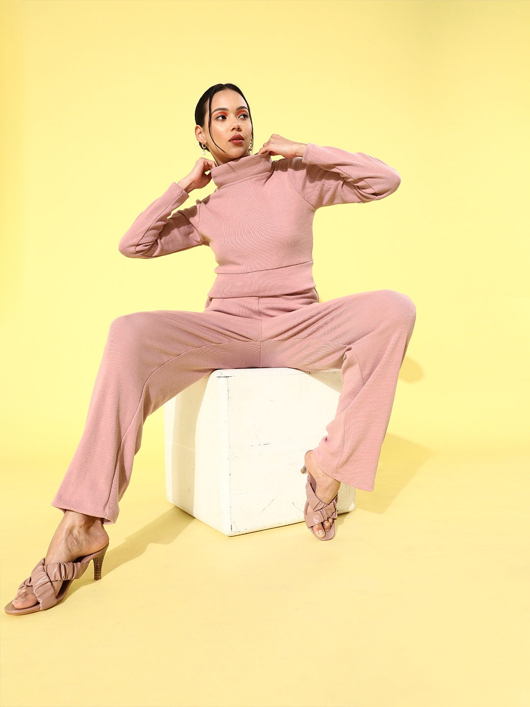 

Athena Pink Rib High Neck Top with Trouser Co-ord Set