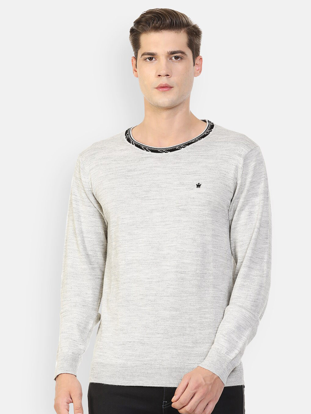 

Louis Philippe Men Grey & Black Solid Round Neck Pullover