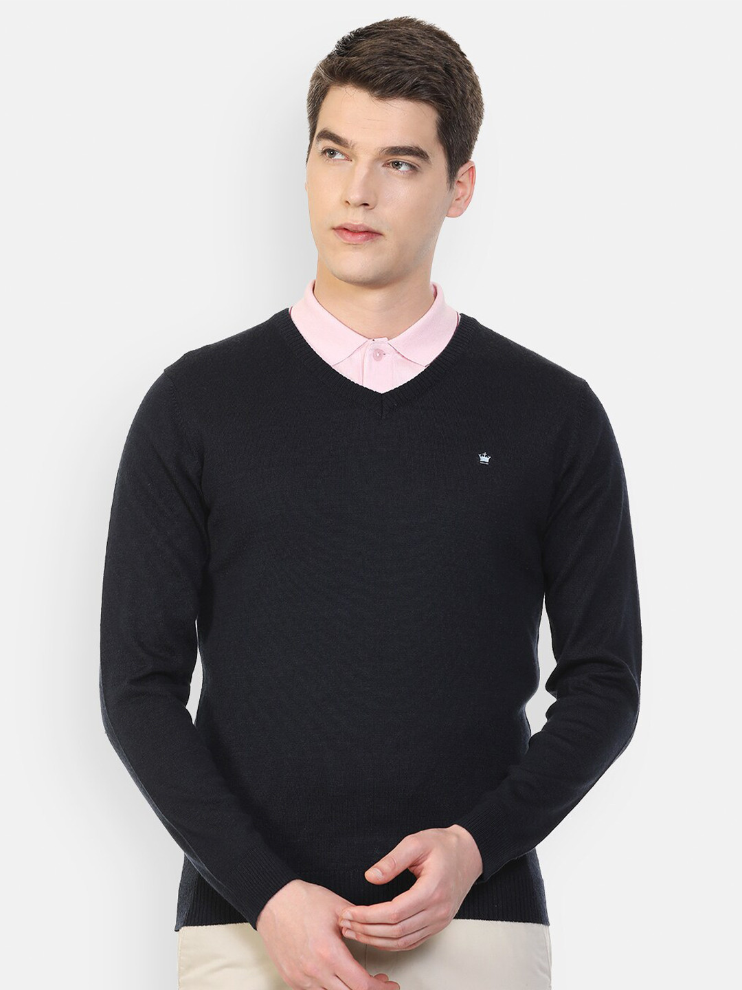 

Louis Philippe Men Navy Blue Solid V-neck Pull Over