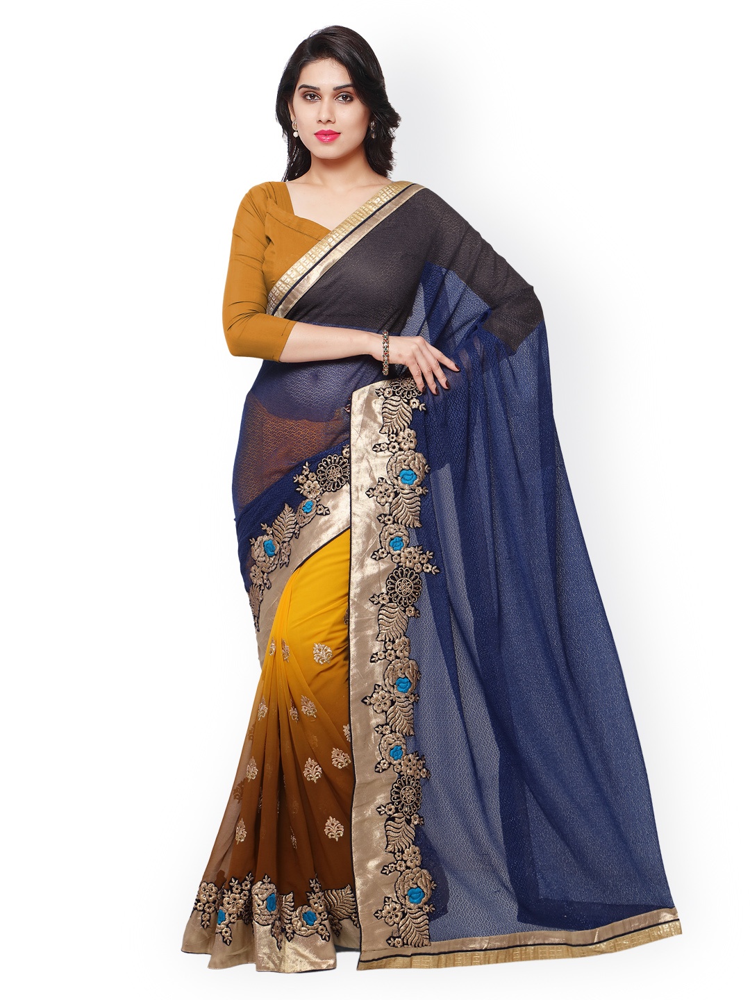 

Kalista Navy & Mustard Yellow Embroidered Georgette Embellished Saree, Navy blue