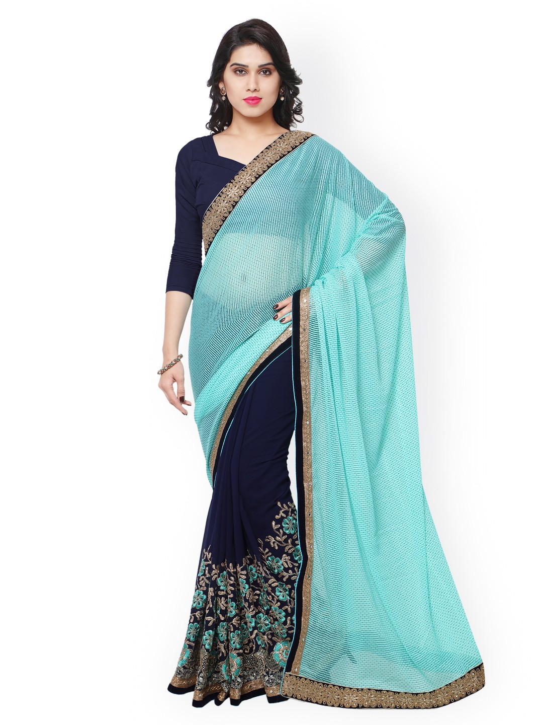 

Kalista Green & Navy Embroidered Georgette Embellished Saree