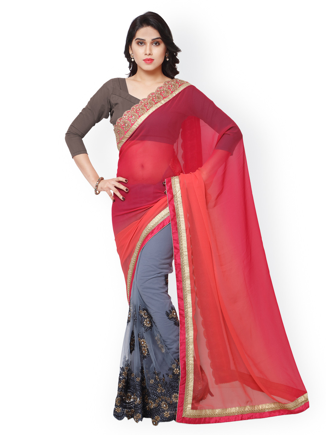 

Kalista Coral Pink & Grey Embroidered Georgette & Net Embellished Saree