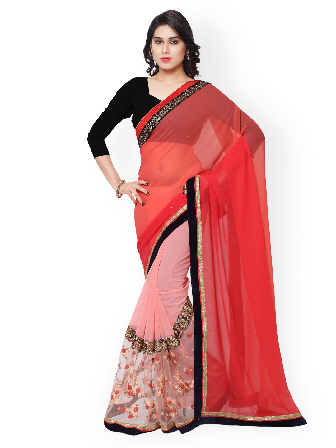 

Kalista Pink & Peach-Coloured Embroidered Georgette Embellished Saree