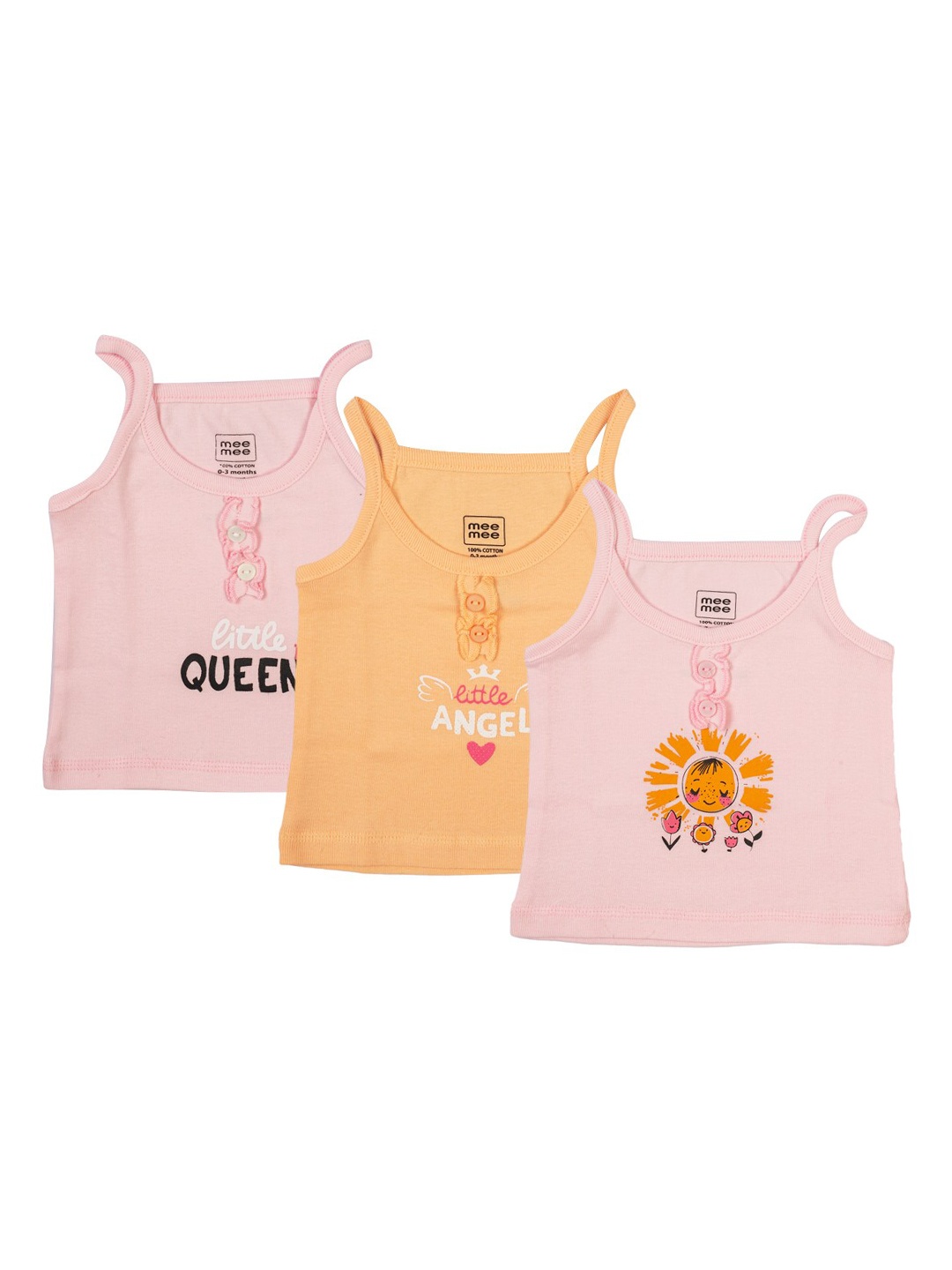 

Mee Mee Infant Girls Pack Of 3 Printed Cotton Camisoles, Pink