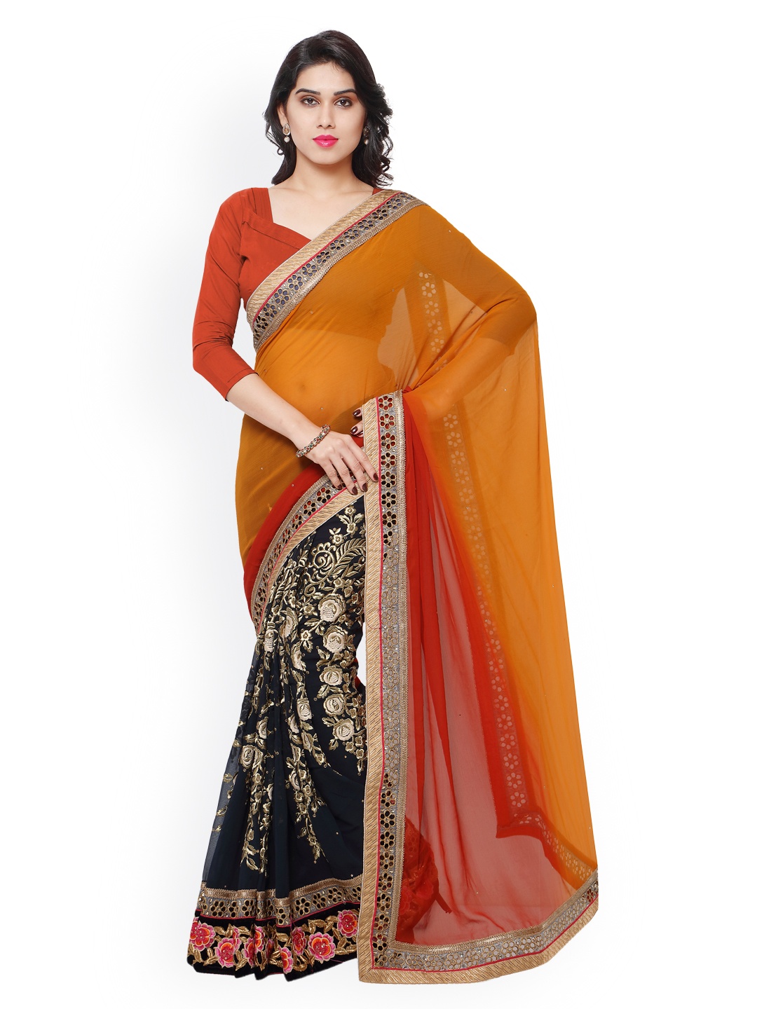 

Kalista Navy Blue & Mustard Embroidered Chiffon Embellished Saree