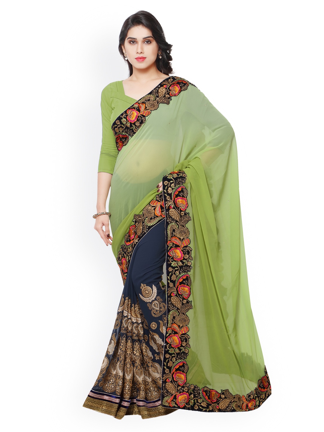 

Kalista Navy Blue & Green Embroidered Georgette Embellished Saree