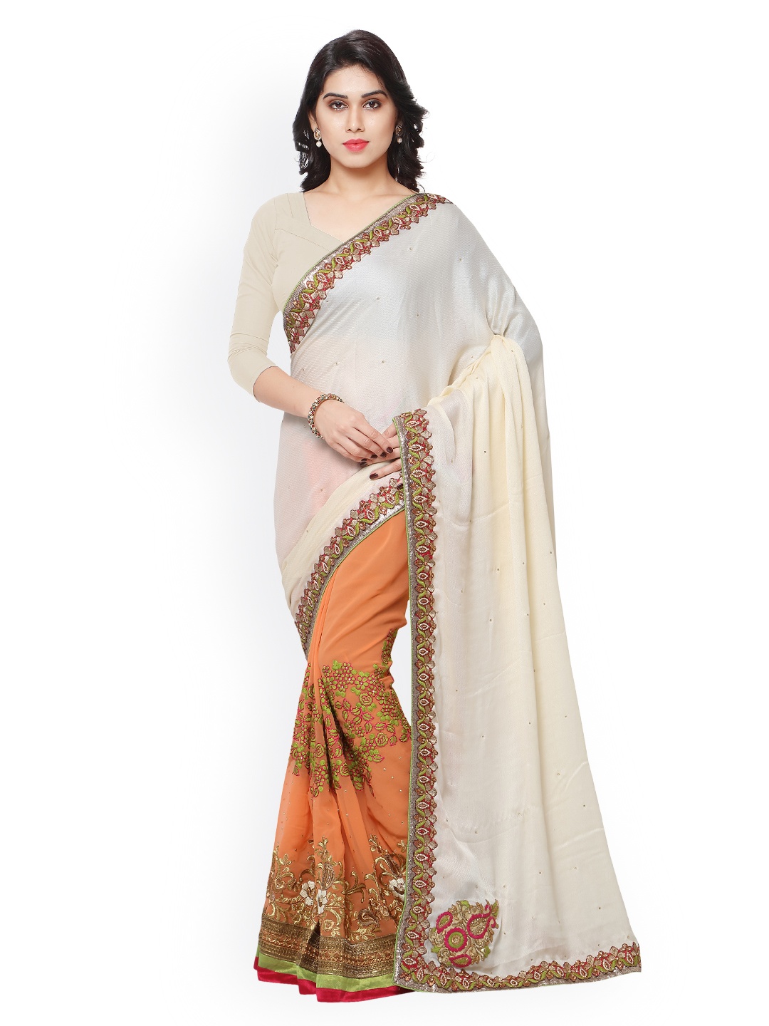 

Kalista Cream-coloured & Peach-coloured Embroidered Georgette Embellished Saree