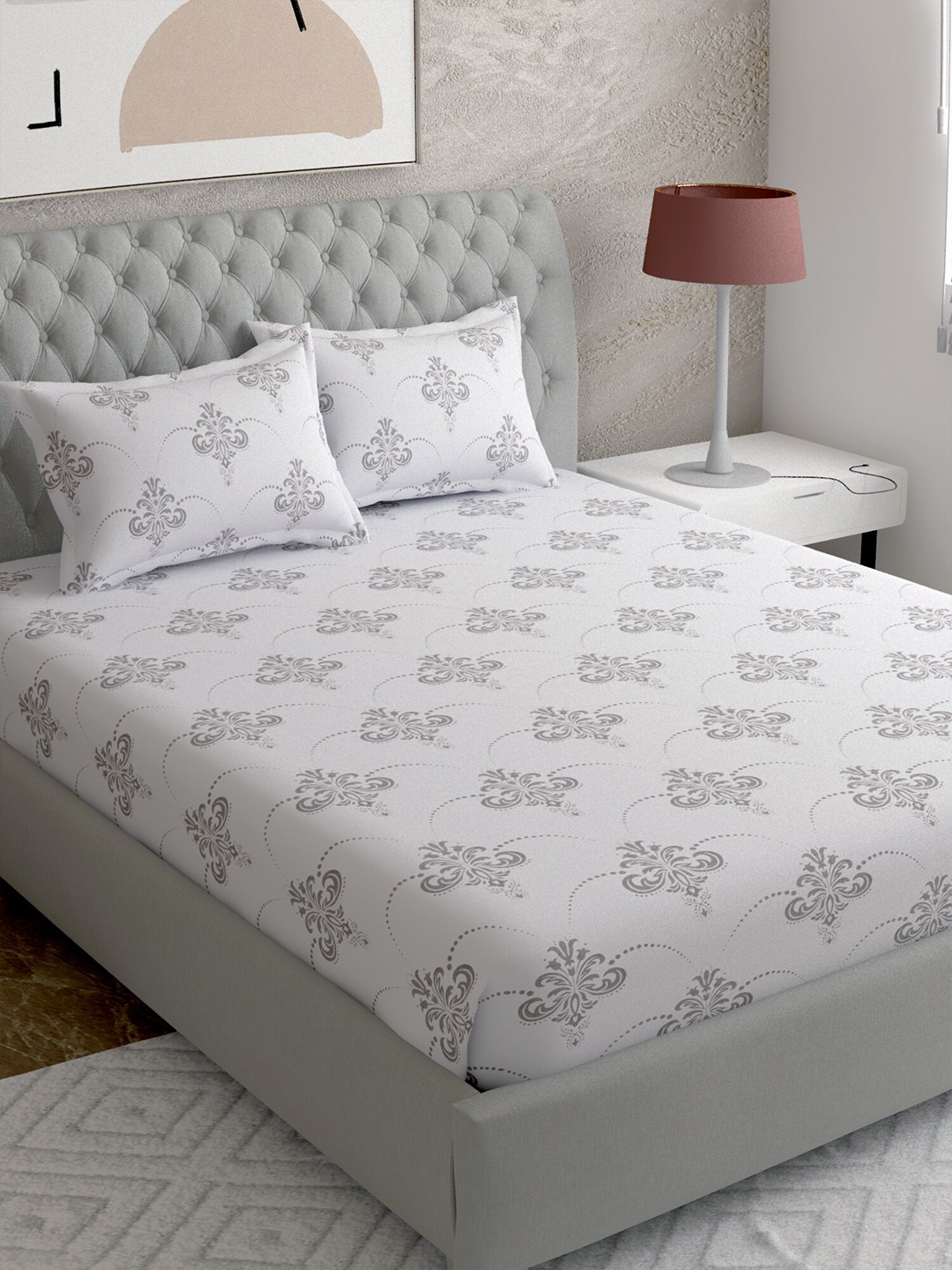 

EverHOME White & Grey Ethnic Motifs 260 TC Queen Bedsheet with 2 Pillow Covers