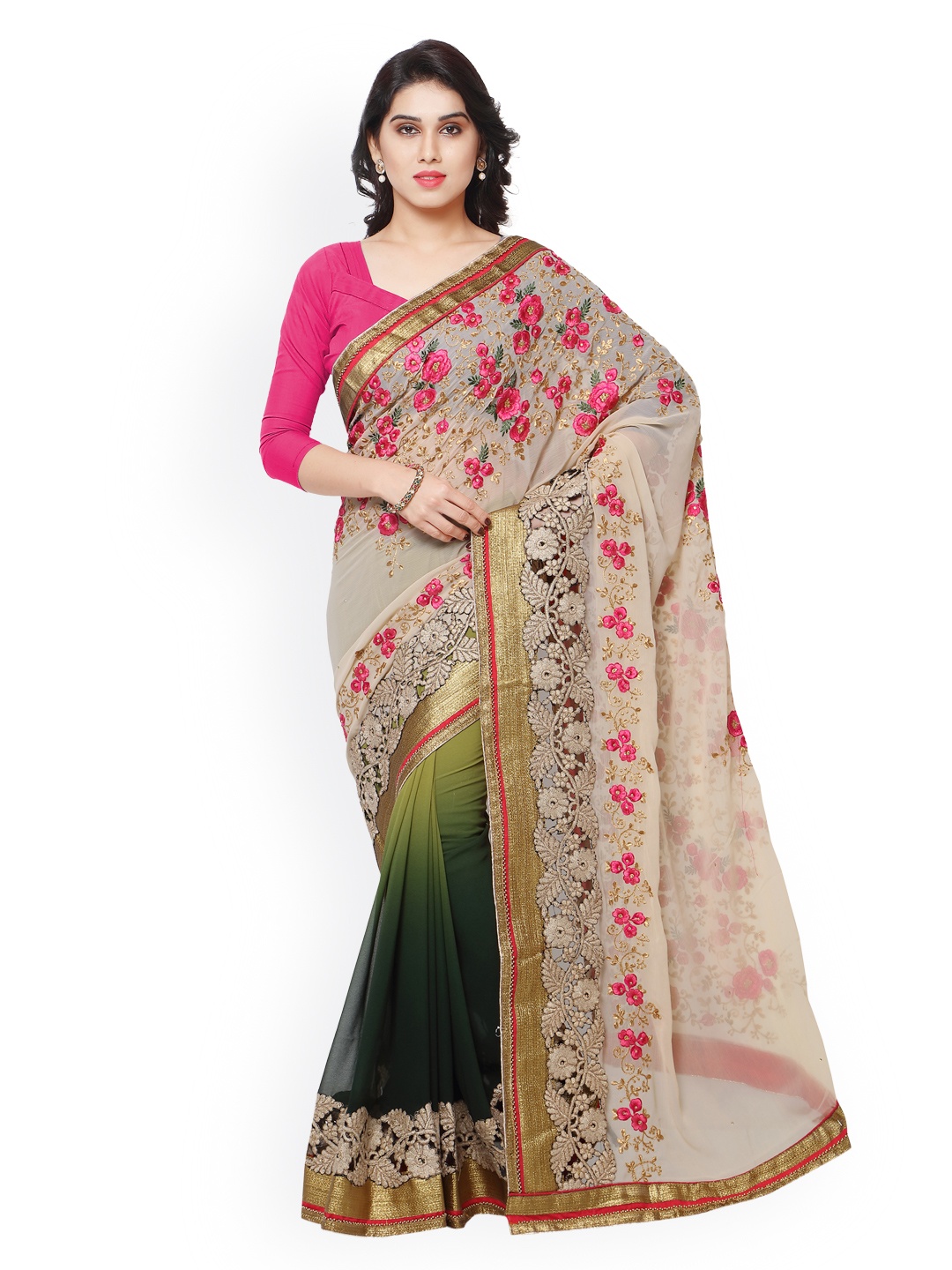 

Kalista Beige & Green Embroidered Jacquard Embellished Saree