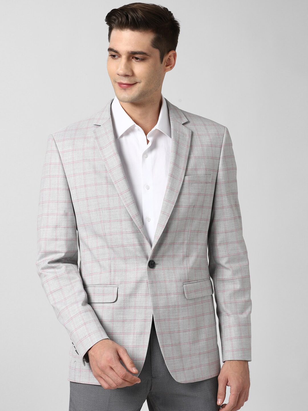 

Peter England Elite Men Grey & Pink Checked Single-Breasted Slim-Fit Formal Blazer