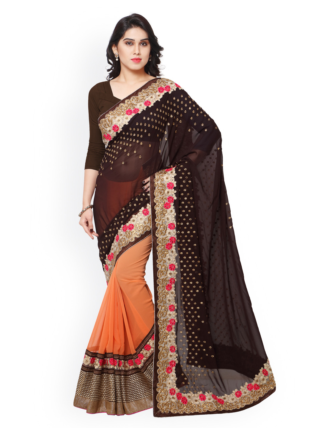 

Kalista Brown & Orange Chiffon Embellished Saree