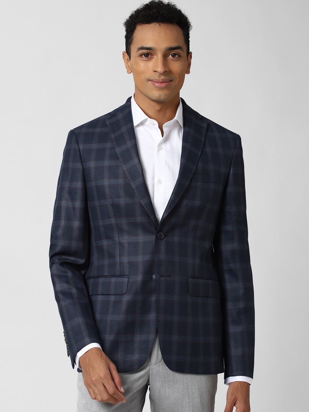 

Peter England Elite Men Navy Blue & Grey Checked Single-Breasted Slim-Fit Formal Blazer