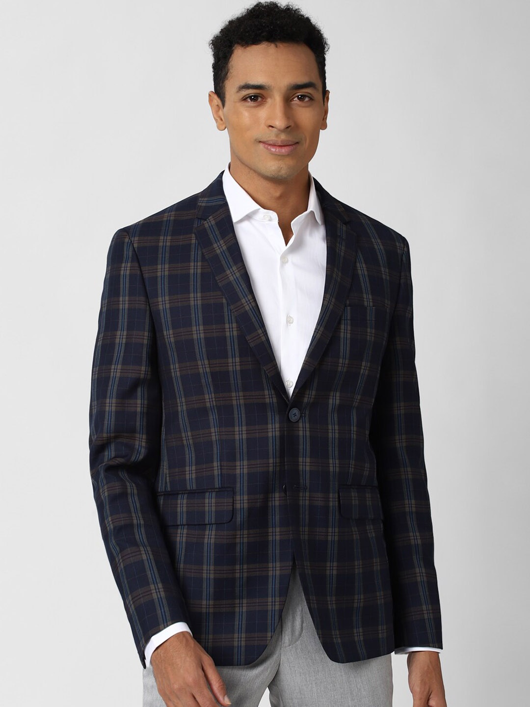 

Peter England Elite Men Navy Blue & Grey Checked Single-Breasted Slim-Fit Formal Blazer