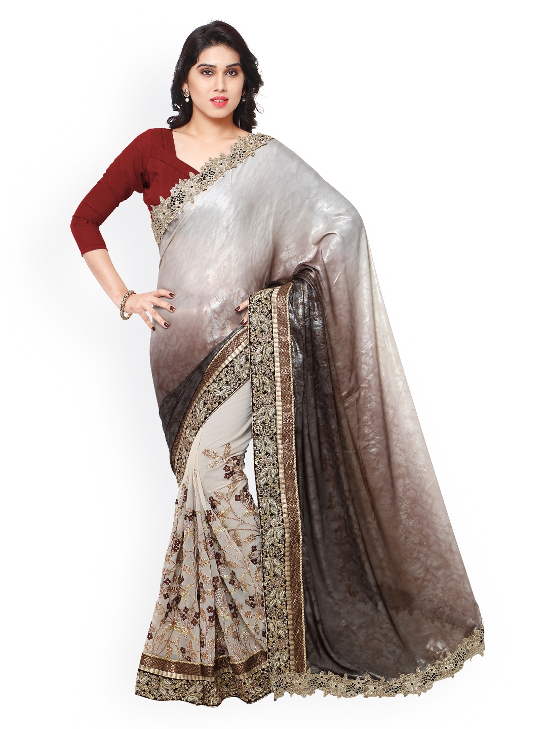 

Kalista Off-White & Brown Satin & Georgette Embellished Saree