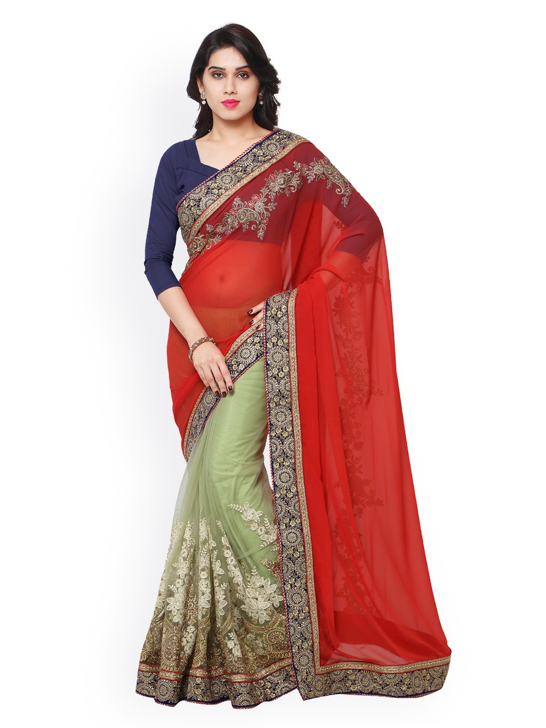 

Kalista Green & Red Georgette & Net Embellished Saree