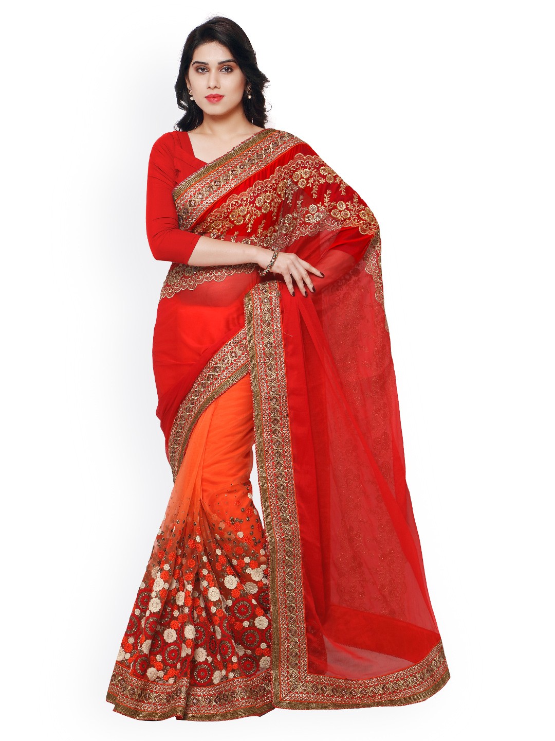 

Kalista Red & Orange Georgette & Net Embellished Saree