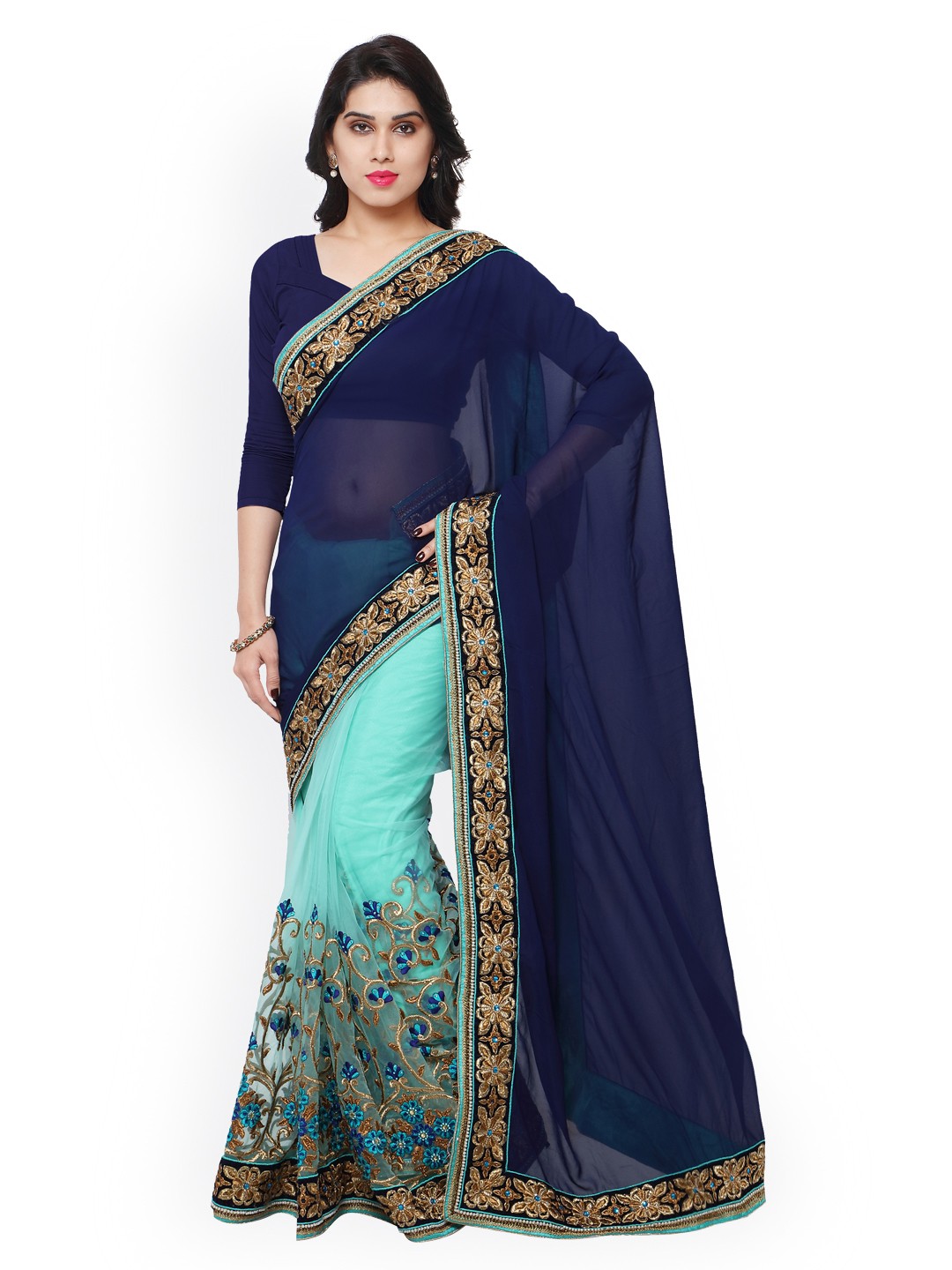 

Kalista Blue & Green Georgette & Net Embellished Saree