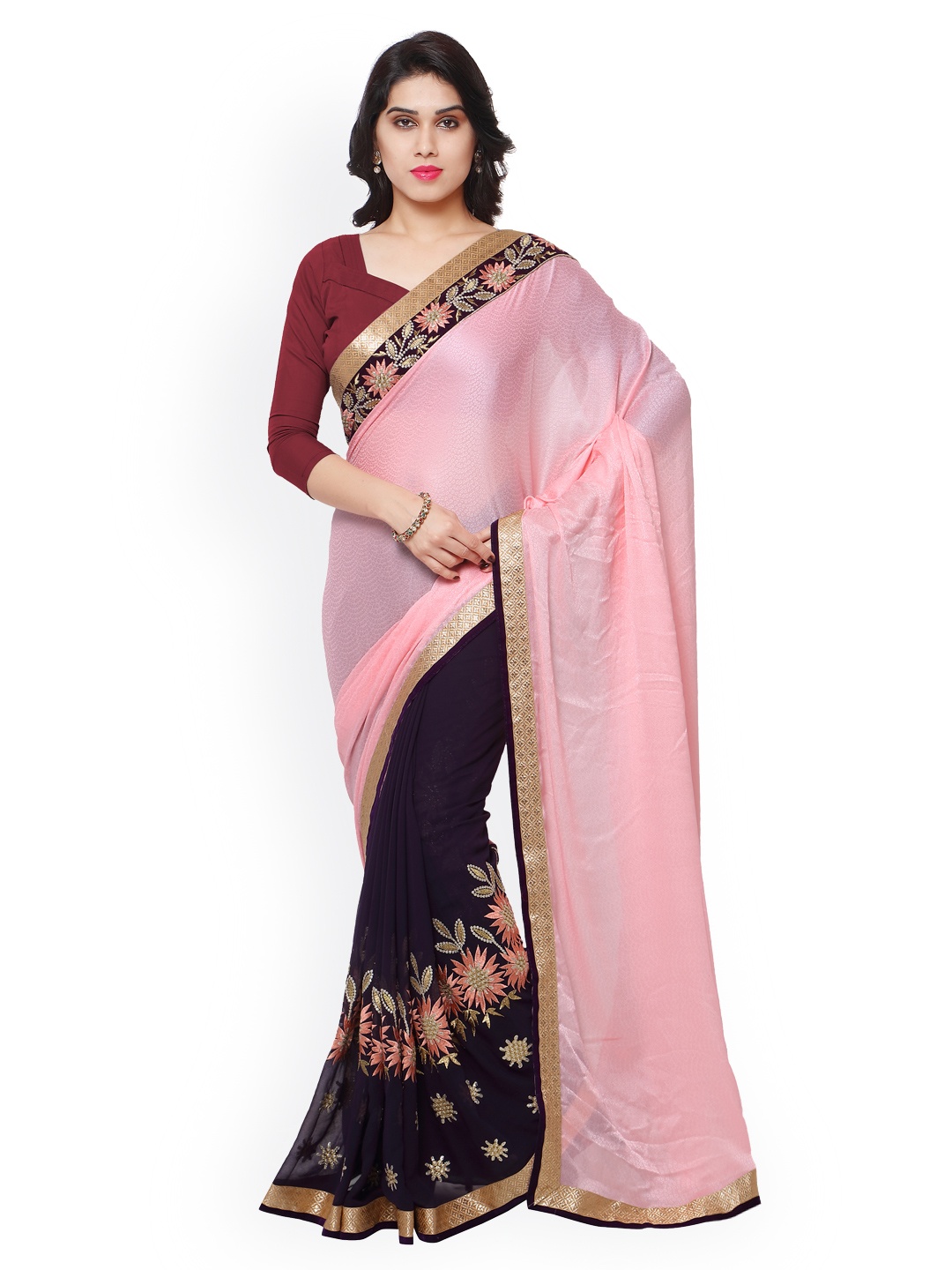 

Kalista Pink & Navy Jacquard & Georgette Embellished Saree