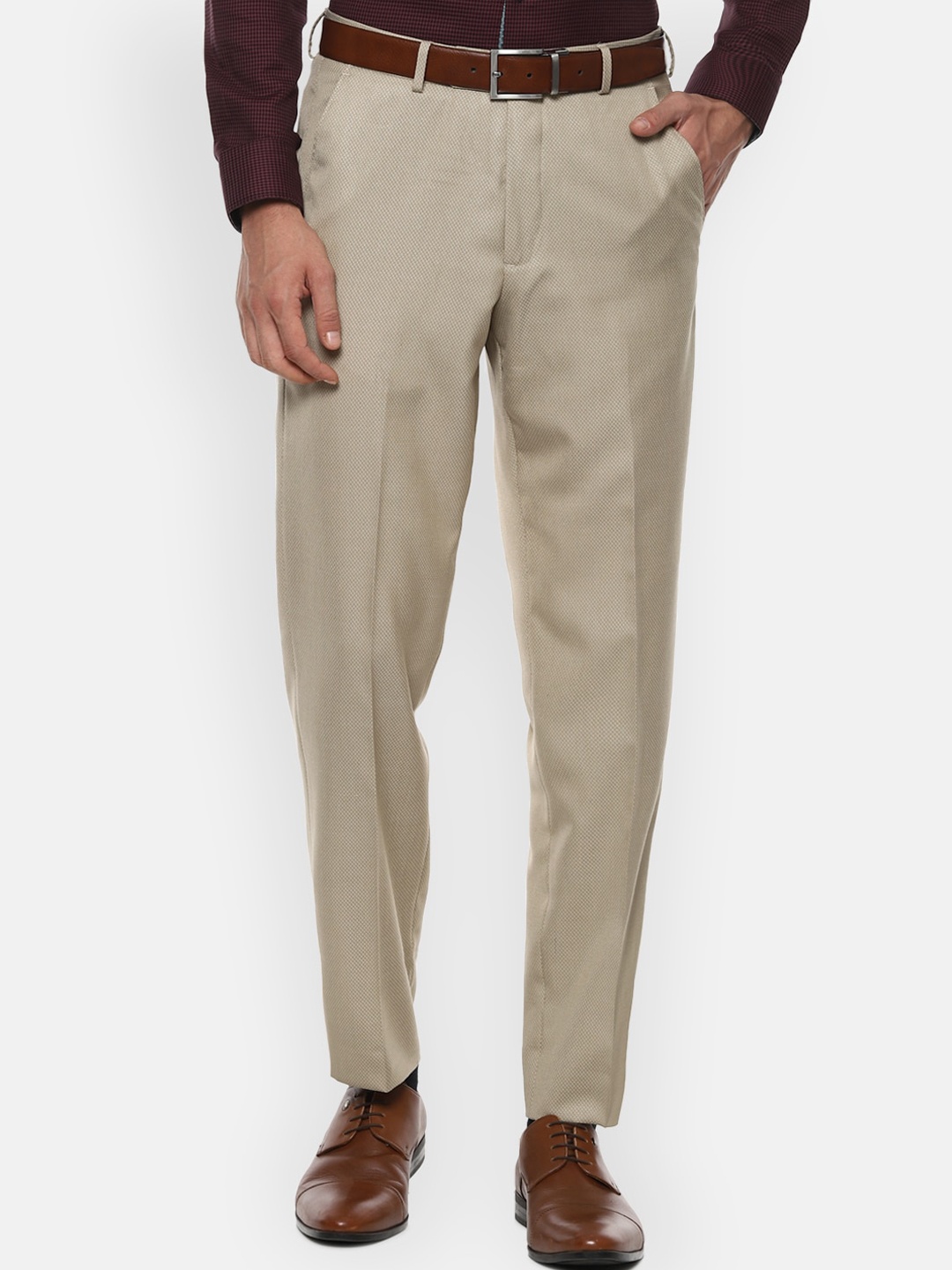 

Van Heusen Men Khaki Textured Formal Trousers
