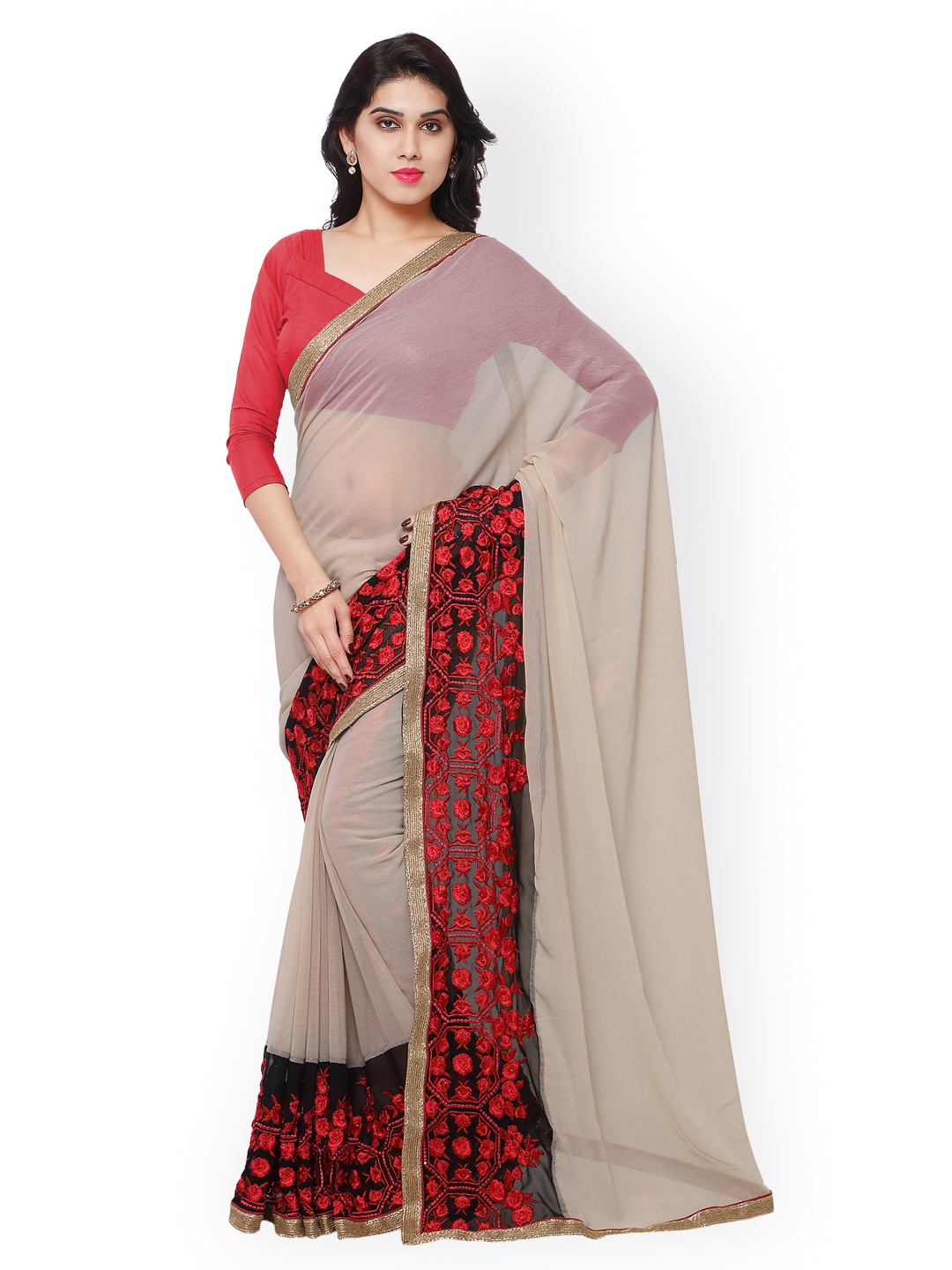 

Kalista Beige Embroidered Chiffon Embellished Saree