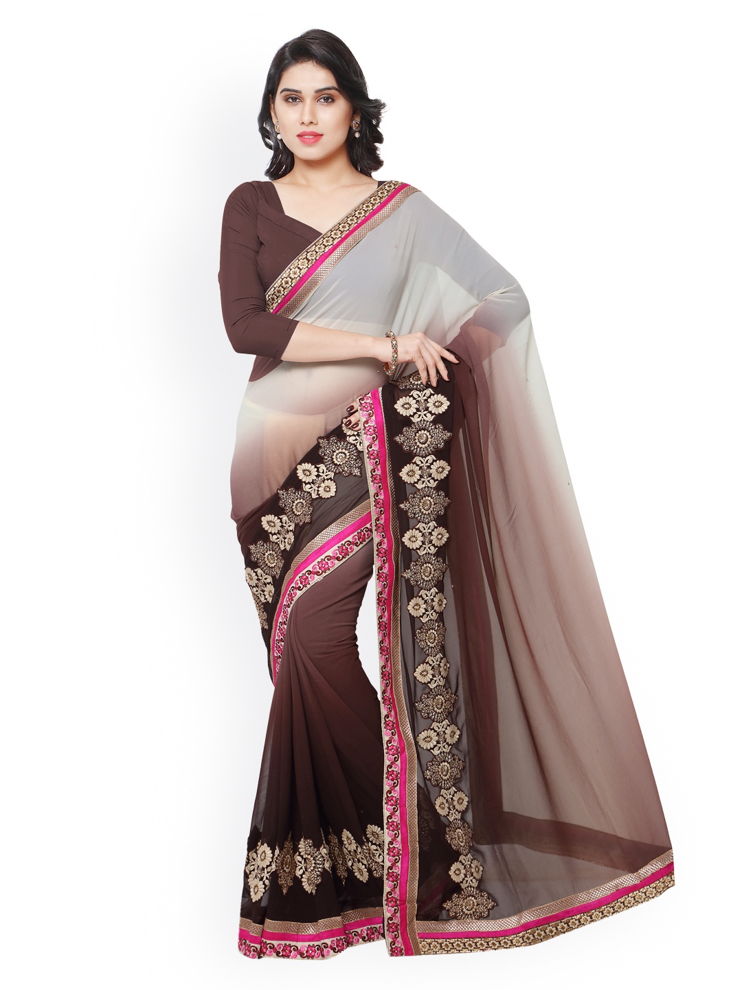 

Kalista Coffee Brown & White Embroidered Georgette Embellished Saree
