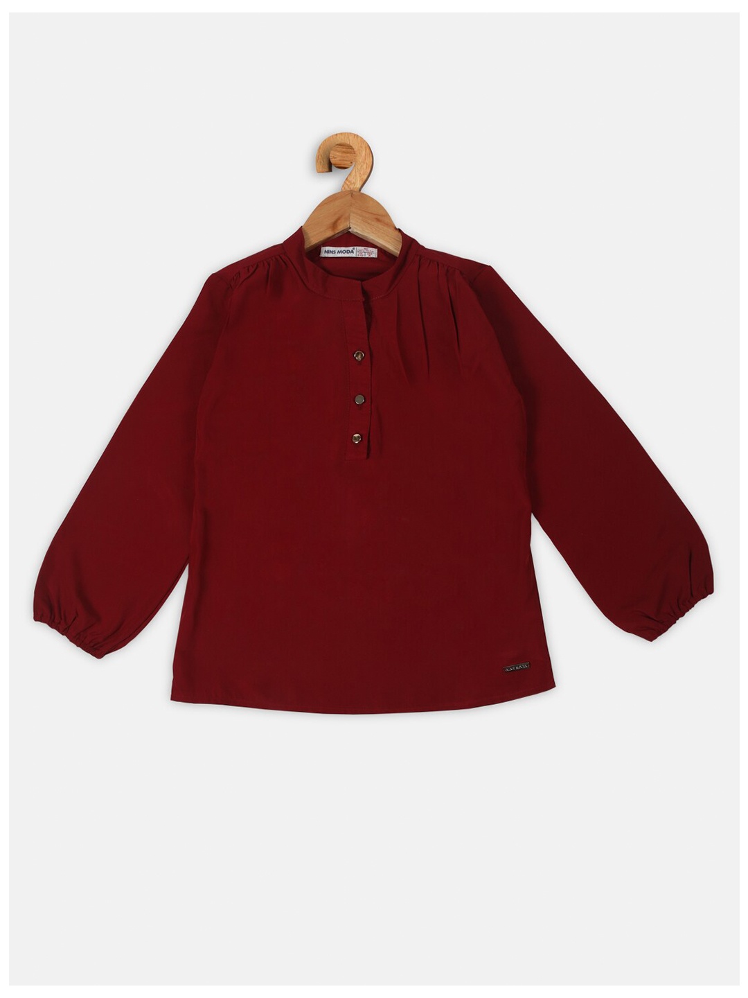 

Nins Moda Maroon Mandarin Collar Shirt Style Top
