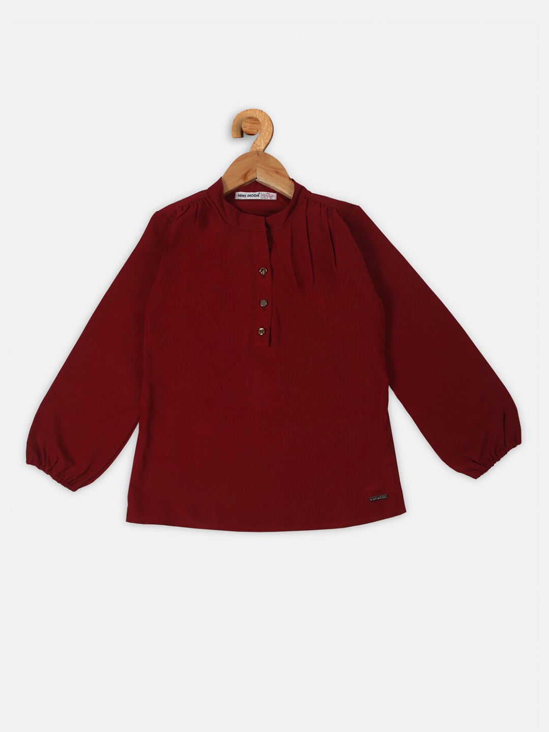 

Nins Moda Maroon Mandarin Collar Shirt Style Top