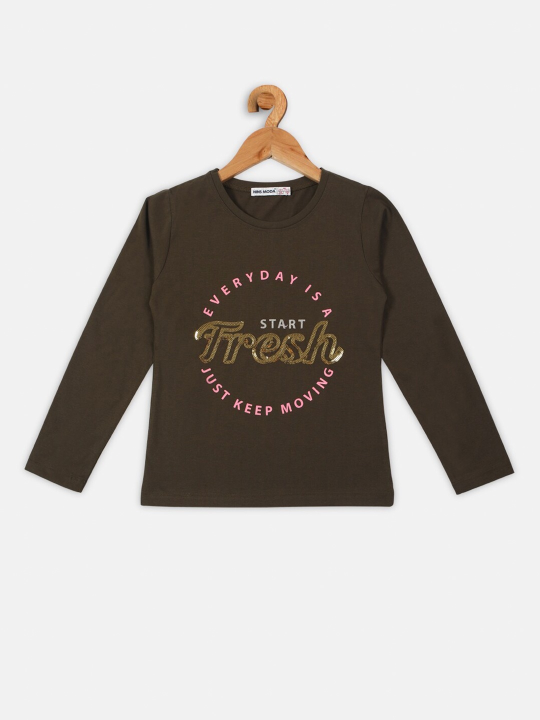 

Nins Moda Olive Green Typography Printed Regular Top