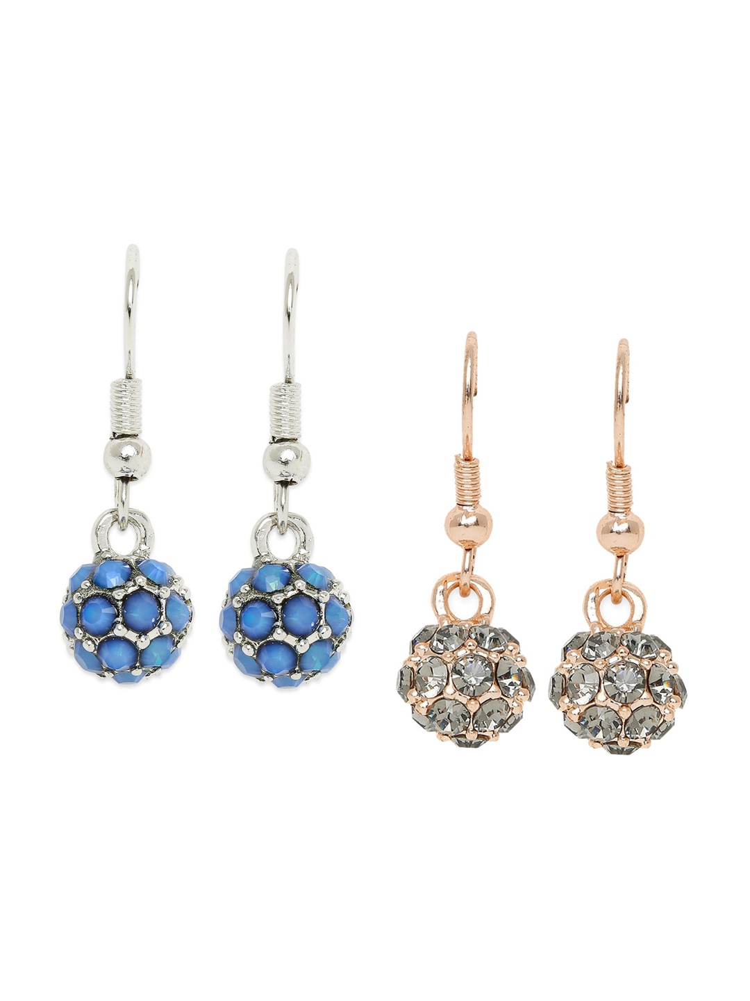 

Mahi Set Of 2 Blue & Gold-Toned & Rhodium-Plated Oxidised Spherical Drop Earrings