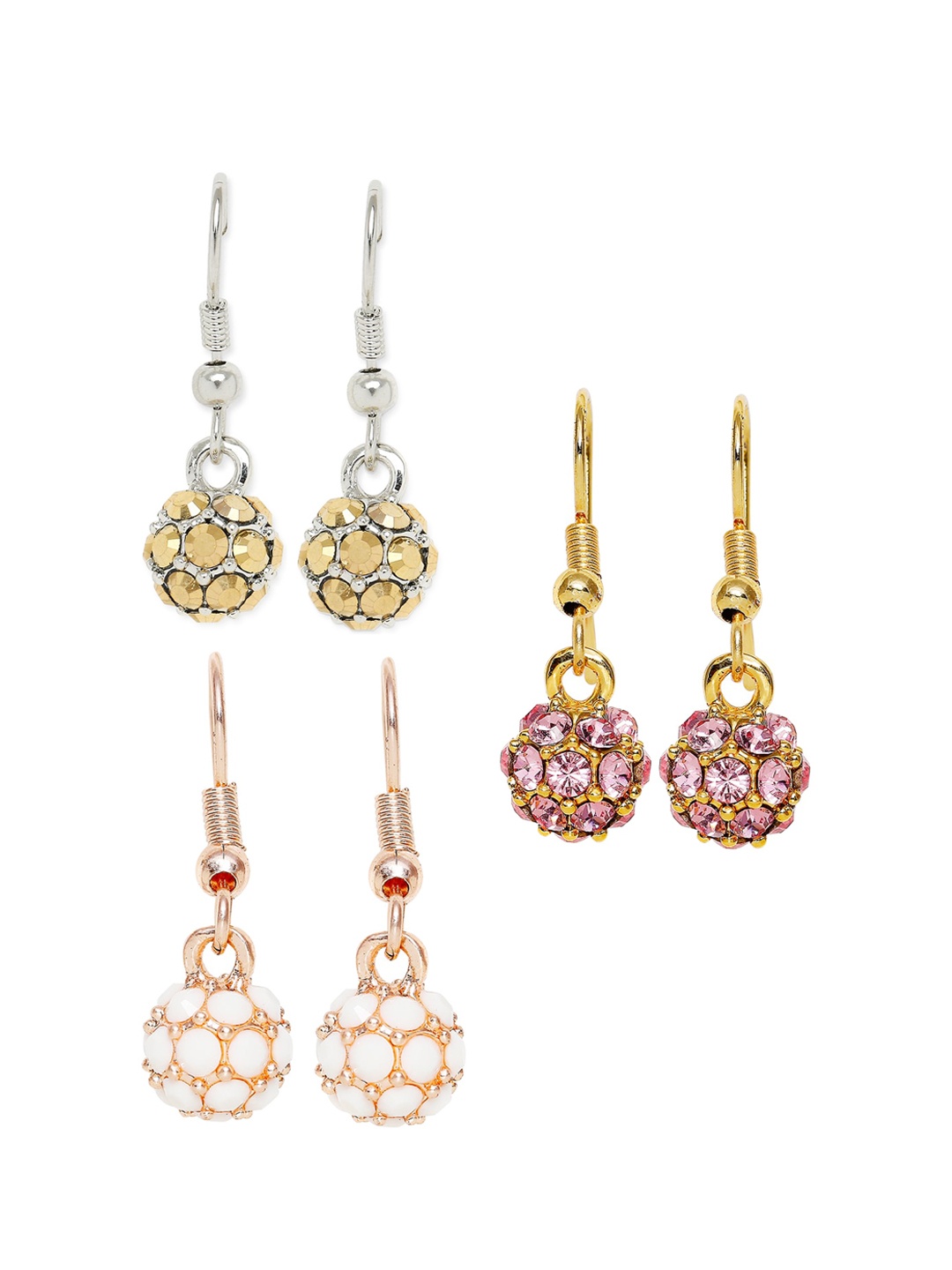 

Mahi Set Of 3 Silver-Plated Rose Gold-Plated & Gold-Plated Crystal Drop Earrings, Pink