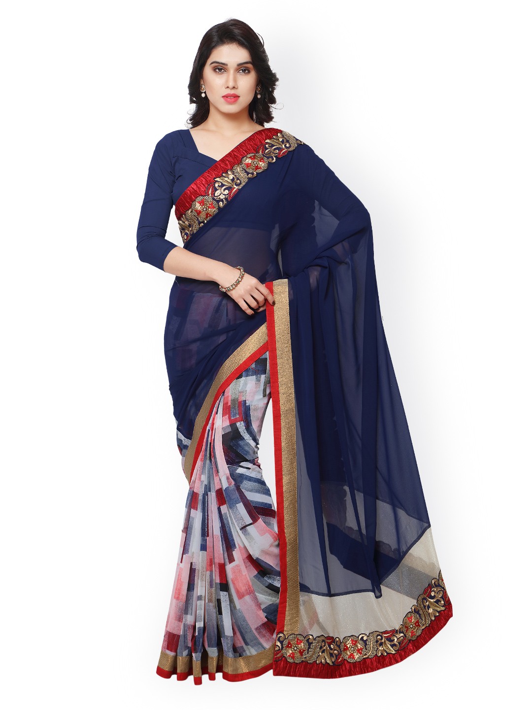 

Kalista Navy Embroidered & Printed Georgette Embellished Saree, Navy blue