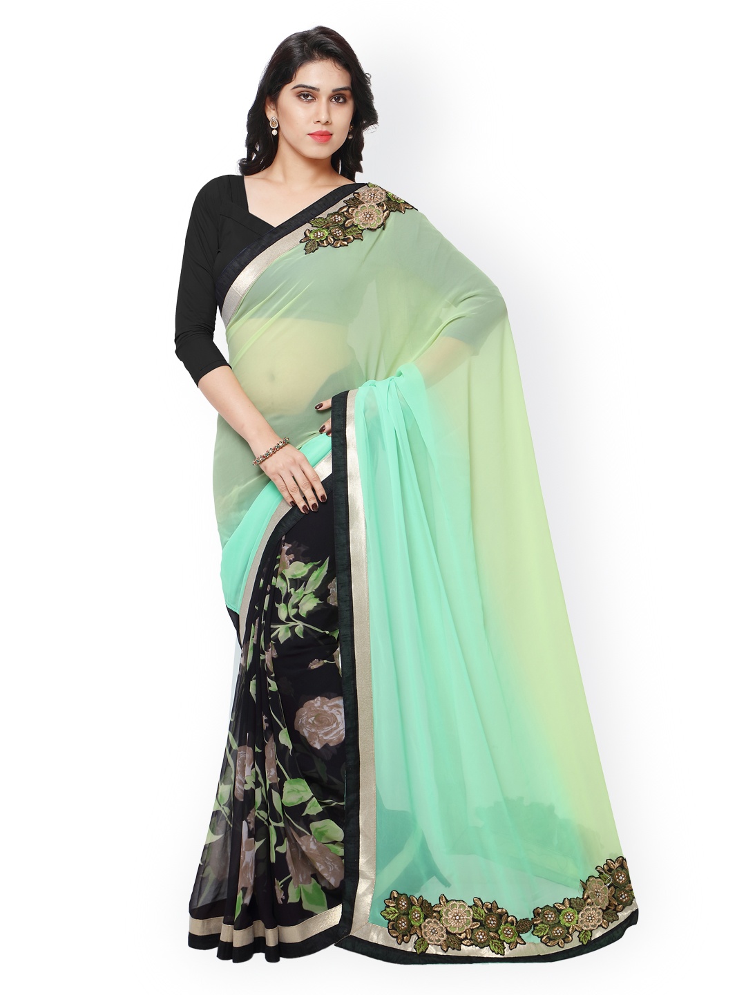 

Kalista Green & Black Embroidered & Printed Georgette Embellished Saree