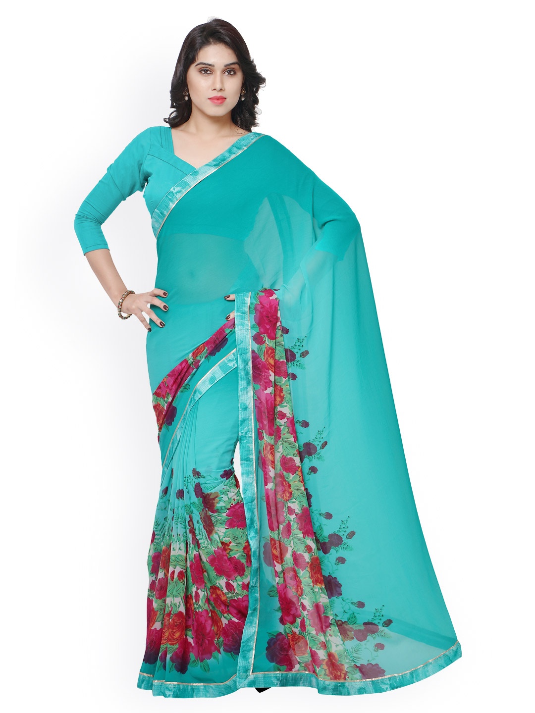 

Kalista Turquoise Blue Polyester & Georgette Floral Print Saree