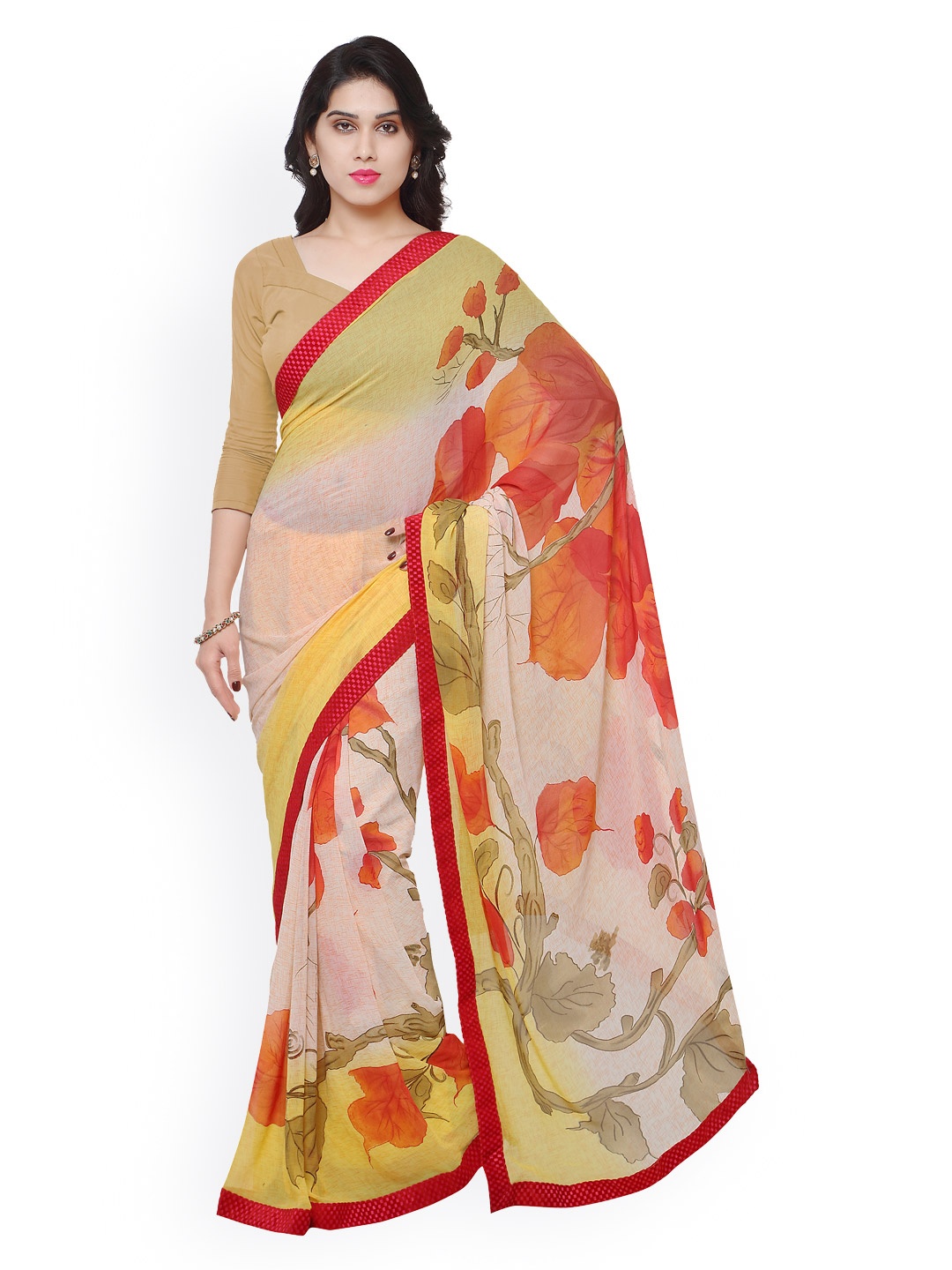 

Kalista Off-White & Yellow Polyester & Georgette Floral Print Saree