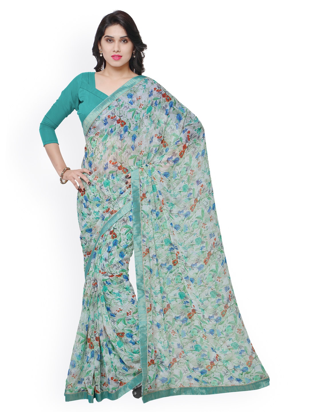 

Kalista White & Green Polyester & Georgette Floral Print Saree