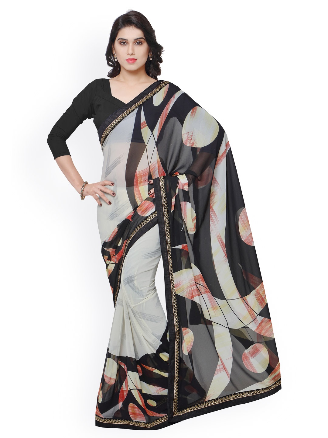 

Kalista White & Black Polyester & Georgette Printed Saree
